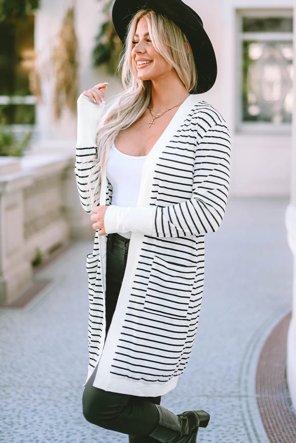 Women's Striped Color Block Side Pockets Open Front Cardigan