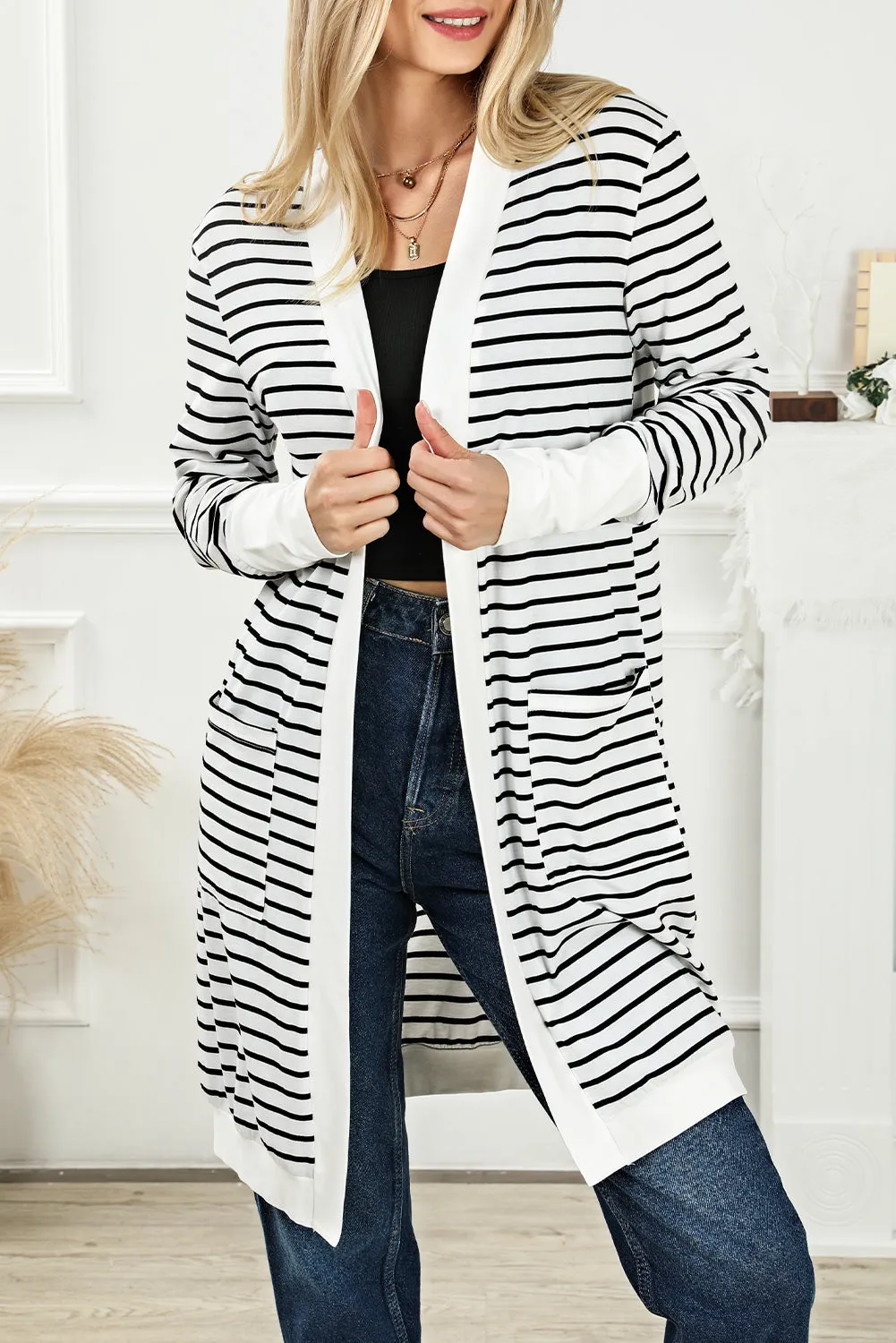 Women's Striped Color Block Side Pockets Open Front Cardigan