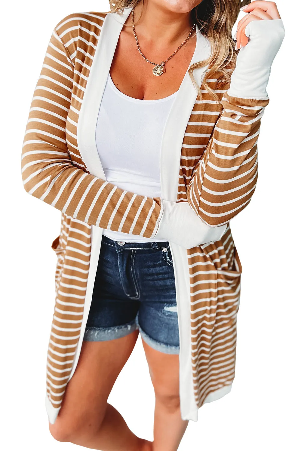 Women's Striped Color Block Side Pockets Open Front Cardigan