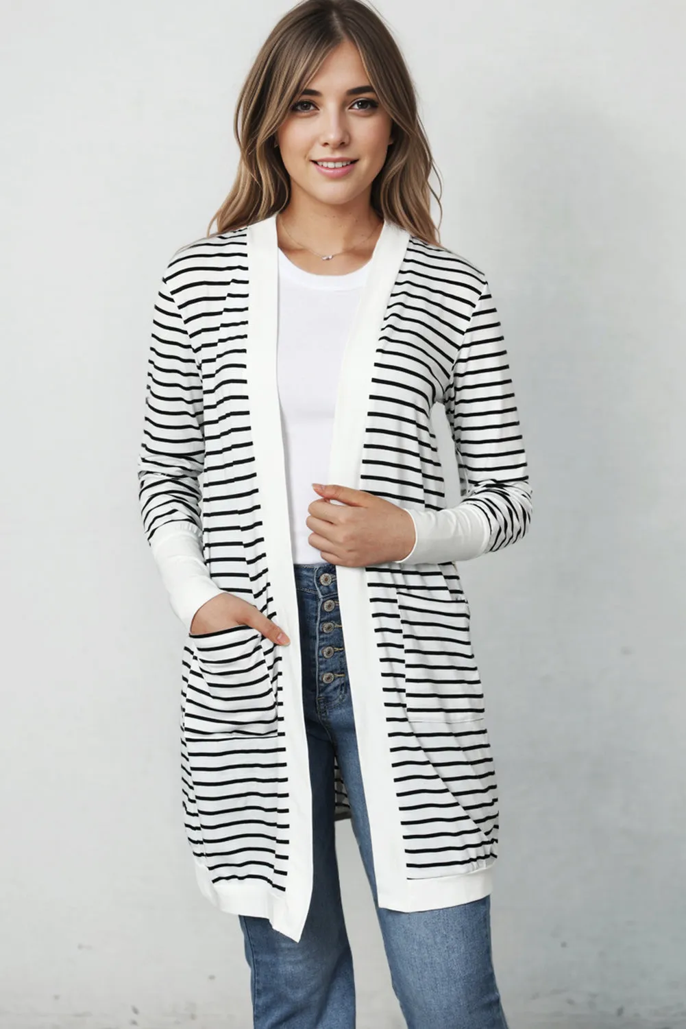 Women's Striped Color Block Side Pockets Open Front Cardigan