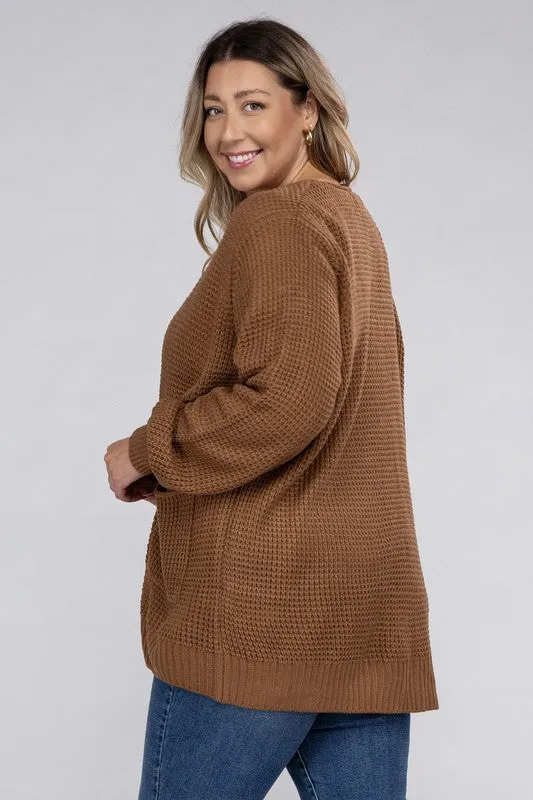 ZENANA Plus Low Gauge Waffle Open Cardigan Sweater