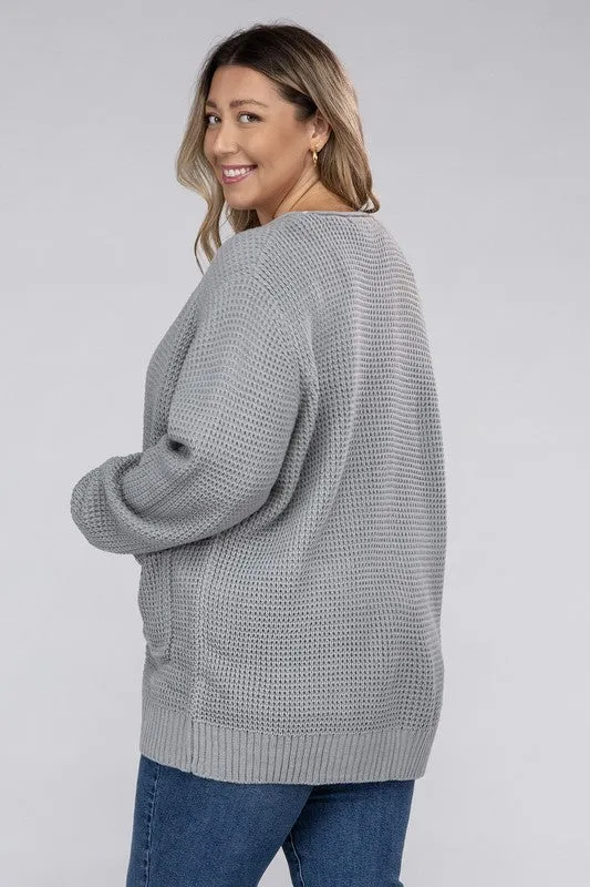 ZENANA Plus Low Gauge Waffle Open Cardigan Sweater