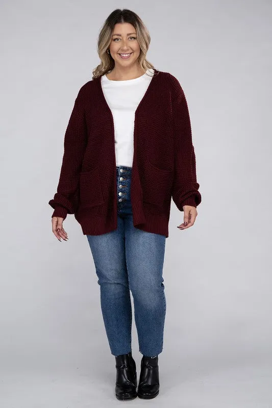 ZENANA Plus Low Gauge Waffle Open Cardigan Sweater