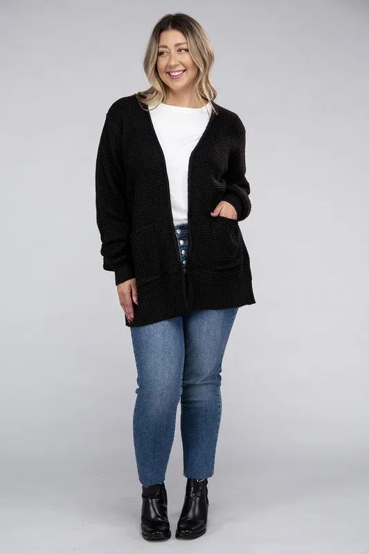 ZENANA Plus Low Gauge Waffle Open Cardigan Sweater