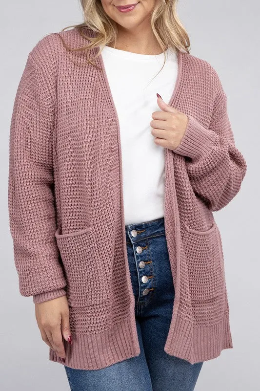 ZENANA Plus Low Gauge Waffle Open Cardigan Sweater