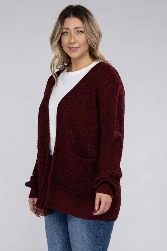 ZENANA Plus Low Gauge Waffle Open Cardigan Sweater