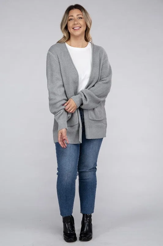 ZENANA Plus Low Gauge Waffle Open Cardigan Sweater