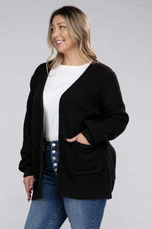 ZENANA Plus Low Gauge Waffle Open Cardigan Sweater