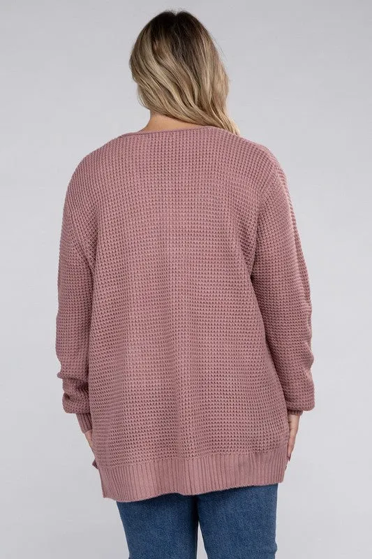 ZENANA Plus Low Gauge Waffle Open Cardigan Sweater