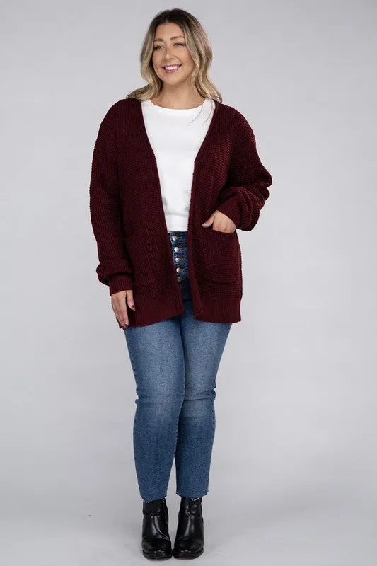 ZENANA Plus Low Gauge Waffle Open Cardigan Sweater