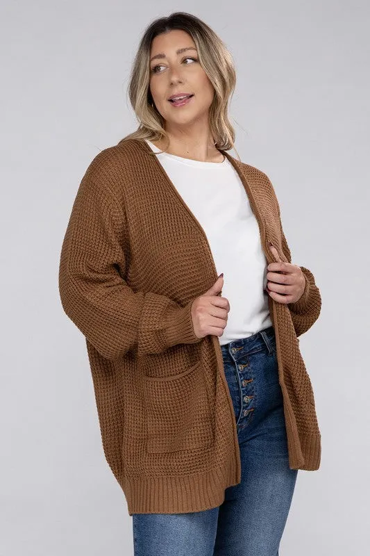 ZENANA Plus Low Gauge Waffle Open Cardigan Sweater