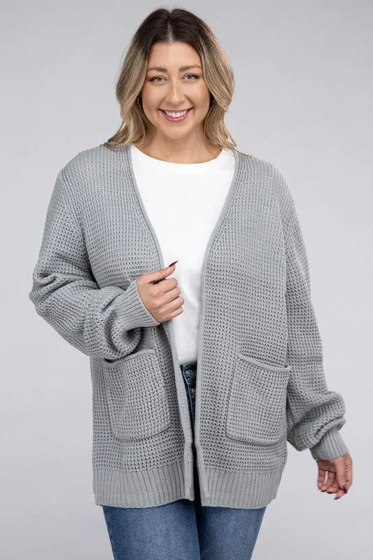 ZENANA Plus Low Gauge Waffle Open Cardigan Sweater