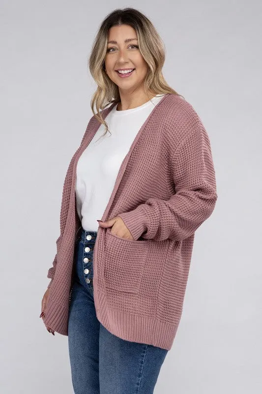 ZENANA Plus Low Gauge Waffle Open Cardigan Sweater