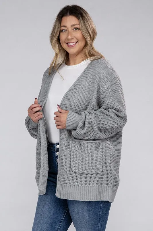 ZENANA Plus Low Gauge Waffle Open Cardigan Sweater