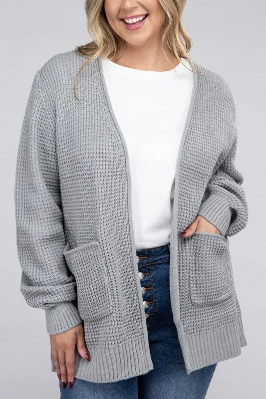 ZENANA Plus Low Gauge Waffle Open Cardigan Sweater